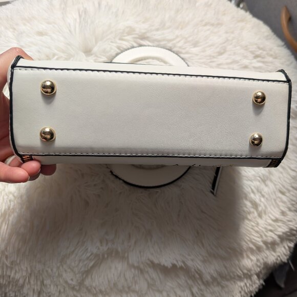 Embroidered Satchel w/ Crossbody Strap & Cat Coin Purse - White Faux Leather - Picture 8 of 12